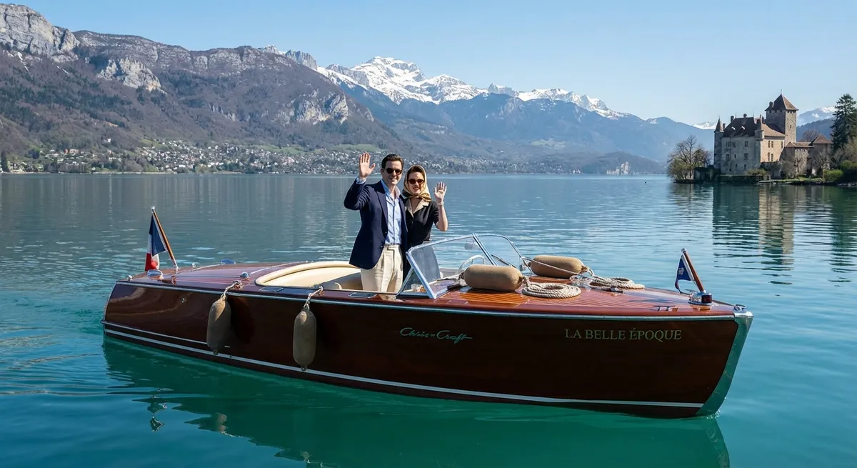 Bateau ancien en bois verni naviguant sur le lac d'Annecy
