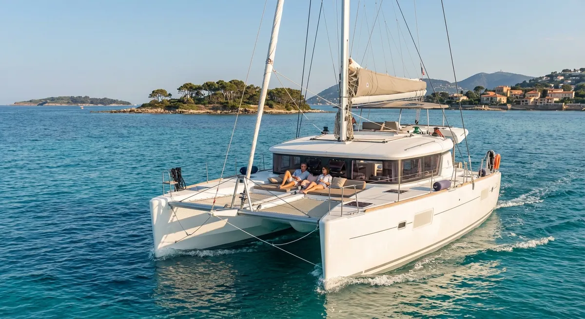Catamaran naviguant dans les eaux turquoises de Méditerranée